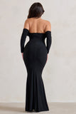 Midnight Black Draped Long Sleeve Maxi Dress