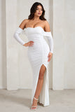 Midnight White Draped Long Sleeve Maxi Dress