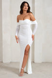 Midnight White Draped Long Sleeve Maxi Dress