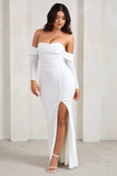 Midnight White Draped Long Sleeve Maxi Dress