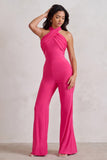 Goddess Hot Pink Halter Neck Flare Jumpsuit