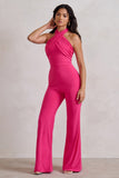 Goddess Hot Pink Halter Neck Flare Jumpsuit