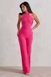 Goddess Hot Pink Halter Neck Flare Jumpsuit