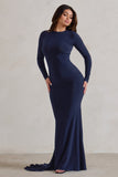 One Step Ahead Navy Long Sleeve Backless Fishtail Maxi Dress