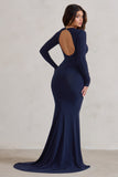 One Step Ahead Navy Long Sleeve Backless Fishtail Maxi Dress