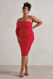 Bijou Red Asymmetric Bardot Mesh Ruched Midi Dress