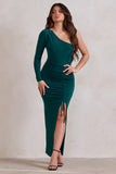 Mystical Bottle Green One Shoulder Maxi Dress With Side Split