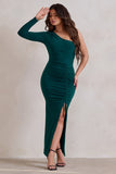 Mystical Bottle Green One Shoulder Maxi Dress With Side Split