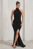 Forever Dreaming Black Backless Halter Neck Ruched Split Maxi Dress