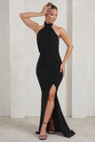 Forever Dreaming Black Backless Halter Neck Ruched Split Maxi Dress