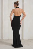 Forever Dreaming Black Backless Halter Neck Ruched Split Maxi Dress