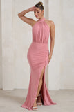 Forever Dreaming Rose Backless Halterneck Ruched Split Maxi Dress