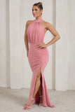 Forever Dreaming Rose Backless Halterneck Ruched Split Maxi Dress