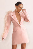 One In A Million Pink Blazer Mini Dress With Feather Trim