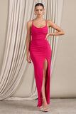 Future Love Hot Pink Ruched Cowl Maxi Dress With Thigh Split