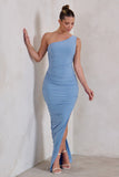 Persia Powder Blue One Shoulder Side Split Ruched Maxi Dress