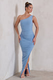 Persia Powder Blue One Shoulder Side Split Ruched Maxi Dress