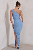 Persia Powder Blue One Shoulder Side Split Ruched Maxi Dress