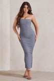 My Lady Grey Strapless Bodycon Ruched Mesh Maxi Dress