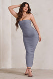 My Lady Grey Strapless Bodycon Ruched Mesh Maxi Dress