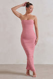 My Lady Powder Pink Strapless Bodycon Ruched Mesh Maxi Dress