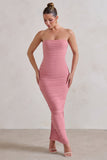 My Lady Powder Pink Strapless Bodycon Ruched Mesh Maxi Dress