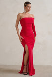 Meghan Red Bardot Neck Thigh Split Fishtail Maxi Dress