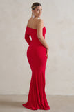 Meghan Red Bardot Neck Thigh Split Fishtail Maxi Dress