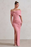 Eva Powder Pink Bardot Bow Detail Maxi Dress With Thigh Split