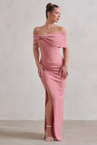 Eva Powder Pink Bardot Bow Detail Maxi Dress With Thigh Split