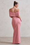 Eva Powder Pink Bardot Bow Detail Maxi Dress With Thigh Split