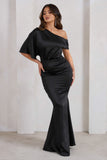 Sabrina Black Asymmetric Off The Shoulder Satin Maxi Dress