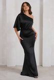 Sabrina Black Asymmetric Off The Shoulder Satin Maxi Dress