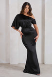 Sabrina Black Asymmetric Off The Shoulder Satin Maxi Dress