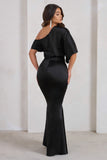 Sabrina Black Asymmetric Off The Shoulder Satin Maxi Dress