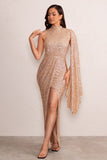 Marlo Gold Sequin High Neck Maxi Dress with Cape Sleeve and Thigh Split