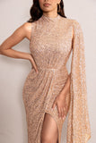 Marlo Gold Sequin High Neck Maxi Dress with Cape Sleeve and Thigh Split