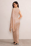 Marlo Gold Sequin High Neck Maxi Dress with Cape Sleeve and Thigh Split