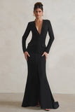 Reba Black Plunge Long Sleeve Structured Maxi Dress with Front Split