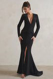 Reba Black Plunge Long Sleeve Structured Maxi Dress with Front Split