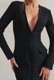 Reba Black Plunge Long Sleeve Structured Maxi Dress with Front Split