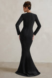 Reba Black Plunge Long Sleeve Structured Maxi Dress with Front Split