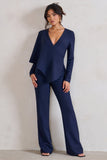 Erika Navy Plunge Jumpsuit with One-Shoulder Cape Overlay