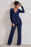 Erika Navy Plunge Jumpsuit with One-Shoulder Cape Overlay