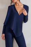 Erika Navy Plunge Jumpsuit with One-Shoulder Cape Overlay