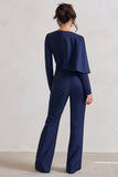 Erika Navy Plunge Jumpsuit with One-Shoulder Cape Overlay