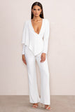 Erika White Plunge Jumpsuit with One-Shoulder Cape Overlay