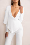 Erika White Plunge Jumpsuit with One-Shoulder Cape Overlay