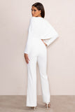 Erika White Plunge Jumpsuit with One-Shoulder Cape Overlay