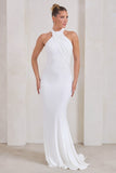 Marion White High Neck Maxi Dress With Statement Train